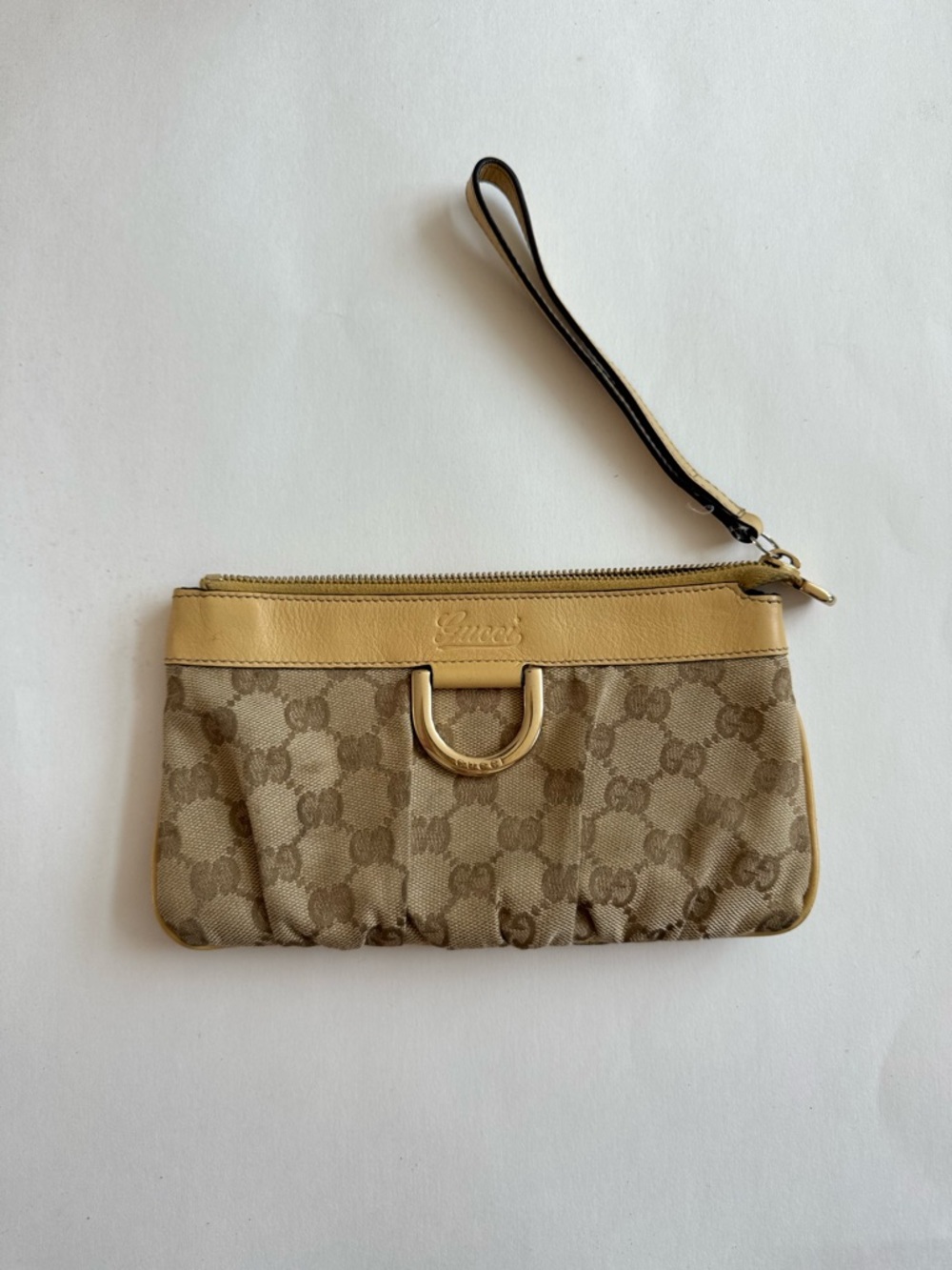 Gucci Beige GG Canvas Wristlet with Tan Leather Trim